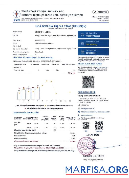 Blank Vietnam EVN NPC TỔNG CÔNG TY ĐIỆN LỰC MIỀN BẮC CÔNG TY ĐIỆN LỰC HƯNG YÊN ĐIỆN LỰC PHÙ TIÊN electricity utility bill template